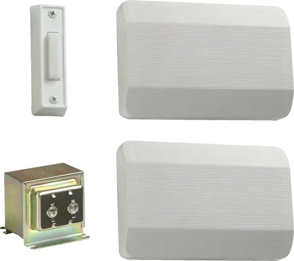 A straightforward wired door chime system with dual button capability, offering dependable visitor notification in a clean white finish that blends seamlessly with any interior décor.