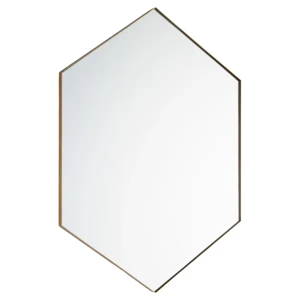 This 24"x34" hexagonal mirror combines contemporary geometric styling with practical functionality. The 1-inch frame extension in gold finish adds dimension while maintaining versatility across interior styles.