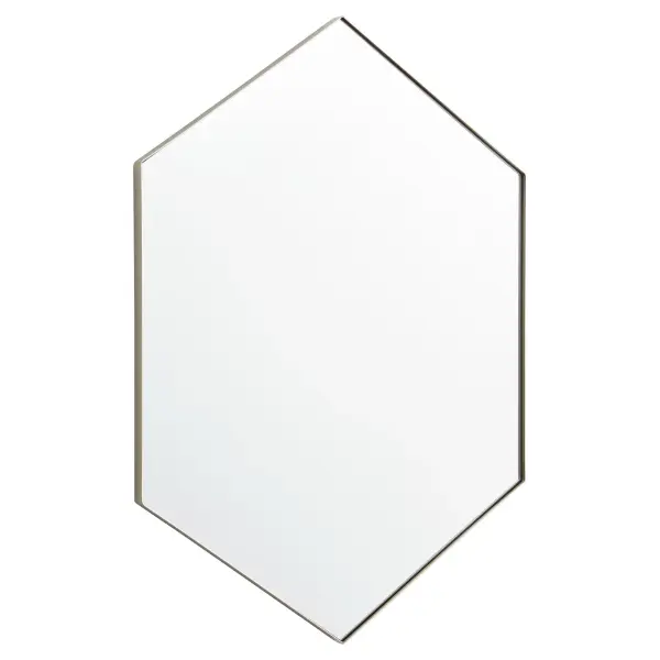 This 24"x34" hexagonal mirror combines contemporary geometric styling with practical functionality. The 1-inch frame extension in silver finish adds subtle dimension while maintaining versatility across interior styles.