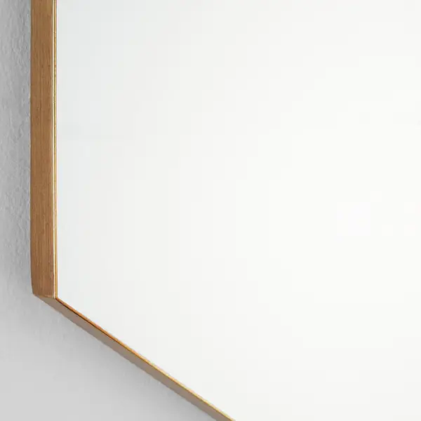 This 28"x40" hexagonal mirror combines contemporary geometric design with a luxurious matte gold finish. The 1-inch frame extension adds dimensional depth, making it a versatile statement piece for residential and commercial spaces. - alternate view