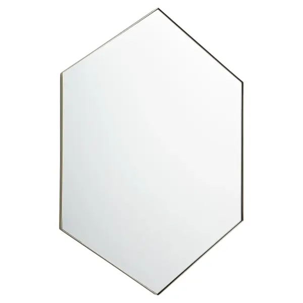 This 28"x40" hexagonal mirror combines contemporary geometric design with practical functionality. The 1-inch frame extension in silver finish adds dimensional interest while maintaining versatility across interior styles.