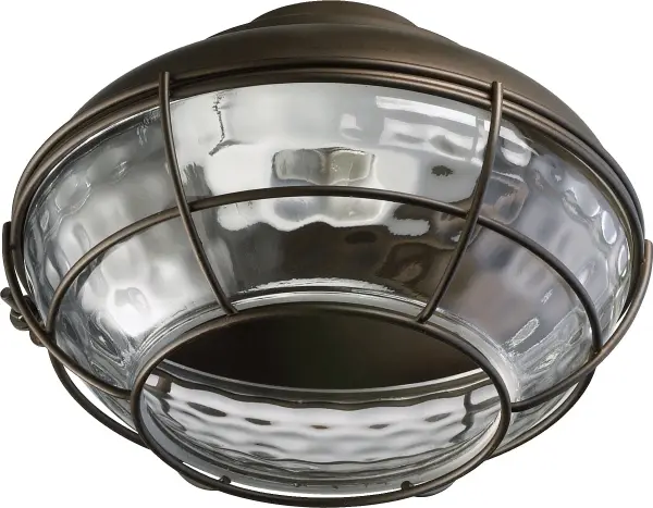 The Hudson LED light kit combines barn-inspired hardware with protective cage design and hammered glass. Damp-rated for versatility, it brings industrial farmhouse character to ceiling fans in porches, patios, and rustic interiors.