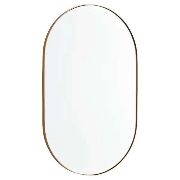 The Capsule mirror brings contemporary elegance with its distinctive pill-shaped contour and 1-inch extension frame. The matte gold finish adds warmth while maintaining a modern aesthetic, perfect for bathrooms and entryways.
