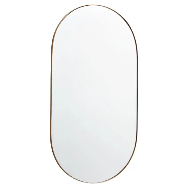 The Capsule mirror brings contemporary sophistication with its distinctive pill-shaped contour and warm gold finish. At 21" x 40", it's perfectly sized for bathrooms, bedrooms, and entryways, offering both function and style.
