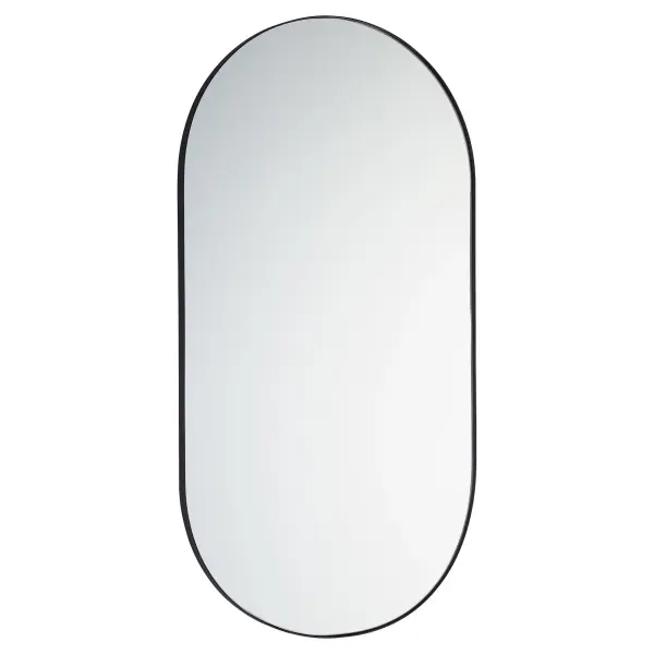 The Capsule mirror features a distinctive pill-shaped design with a 1-inch frame extension in matte black finish. At 21" x 40", it's ideal for full-length viewing in bathrooms and bedrooms, offering affordable style and functionality.