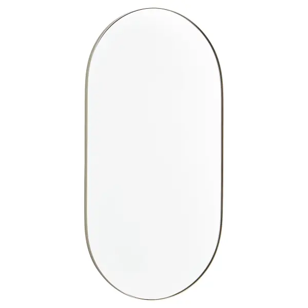 The Capsule mirror features a distinctive pill-shaped contour with a 1-inch extension and matte silver finish. Its 21"x40" size makes it ideal for full-length viewing while the clean, contemporary design fits seamlessly into modern interiors.