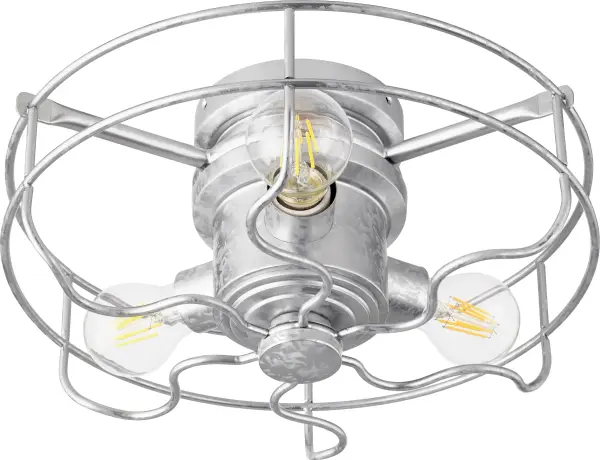 The Windmill 3-Light Cage Kit transforms ceiling fans with industrial charm. Its galvanized finish and open wire cage design evoke vintage mechanics while providing functional lighting with exposed bulbs.