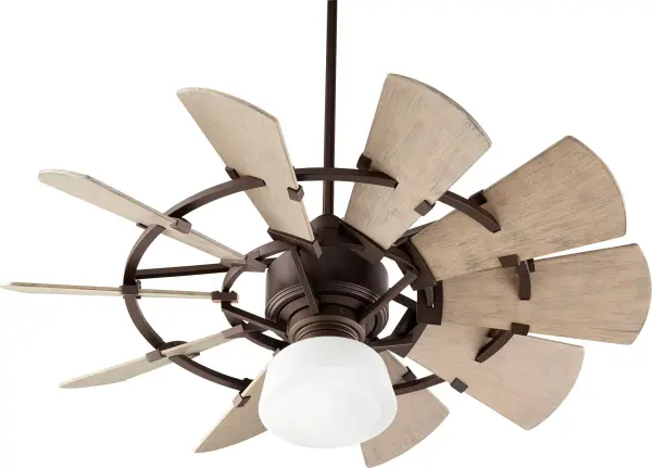 The Windmill ceiling fan delivers exceptional performance with its 6-speed DC motor and impressive 2574 CFM airflow. The wagon wheel blade design and rustic oiled bronze finish create a bold focal point perfect for spacious rooms. - alternate view