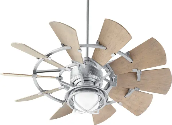 The Windmill 44" fan delivers exceptional performance with its 10-blade wagon wheel design and 2574 CFM airflow. The 6-speed DC motor with remote control offers versatility, while the galvanized finish adds authentic rustic charm. - alternate view