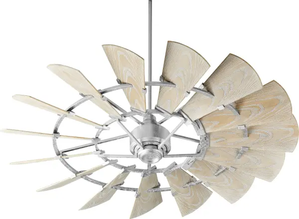 The Windmill ceiling fan delivers exceptional performance with its 15-blade wagon wheel design and 3472 CFM airflow. The 6-speed DC motor with remote control offers precise climate control, while the galvanized finish adds authentic rustic charm to large indoor and outdoor spaces.