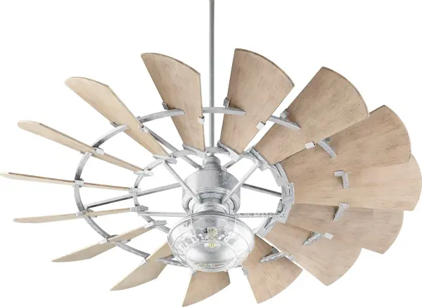 The Windmill ceiling fan delivers exceptional performance with its 15-blade wagon wheel design and 3472 CFM airflow. The 6-speed DC motor with remote control offers precise climate control, while the galvanized finish adds authentic rustic charm to large indoor and outdoor spaces. - alternate view