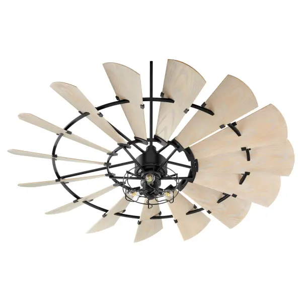 The Windmill ceiling fan makes a bold statement with its wagon wheel 15-blade design and rustic black finish. Featuring a 6-speed DC motor delivering 2826 CFM, it combines vintage windmill charm with modern efficiency for spacious indoor and outdoor areas. - alternate view