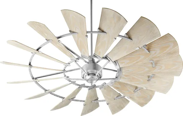 This oversized windmill-inspired ceiling fan delivers exceptional 2826 CFM airflow with vintage charm. The 15-blade wagon wheel design and galvanized finish create a bold focal point perfect for spacious rooms seeking authentic farmhouse character.