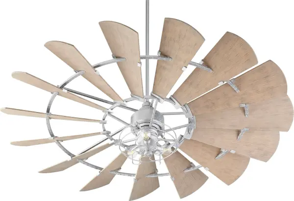 This oversized windmill-inspired ceiling fan delivers exceptional 2826 CFM airflow with vintage charm. The 15-blade wagon wheel design and galvanized finish create a bold focal point perfect for spacious rooms seeking authentic farmhouse character. - alternate view