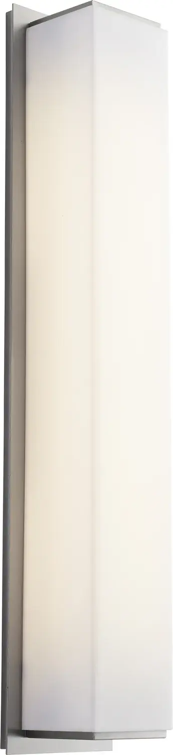 The Fuse vanity light delivers modern simplicity with its satin nickel finish and matte white acrylic diffusers. At 26 inches wide, it's perfectly sized for standard bathroom vanities, providing even, flattering illumination.