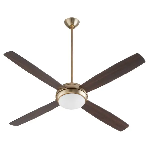 The Expo ceiling fan combines futuristic minimalist aesthetics with practical functionality. Its inconspicuous motor housing and monochromatic aged brass finish create a sophisticated look, while the convex LED fixture provides efficient illumination.