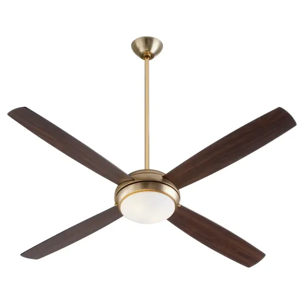The Expo ceiling fan combines futuristic minimalist aesthetics with practical functionality. Its inconspicuous motor housing and monochromatic aged brass finish create a sophisticated look, while the convex LED fixture provides efficient illumination. - alternate view