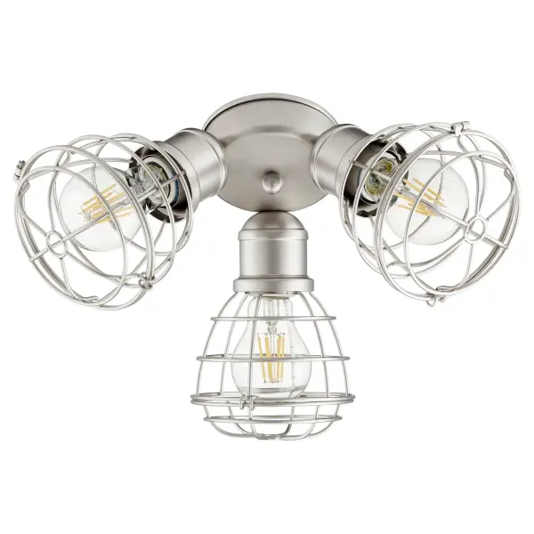 This versatile 3-light cage kit brings industrial sophistication to any ceiling fan. Damp-rated for covered outdoor spaces, it features an open cage design in Satin Nickel with included dimmable LED bulbs for energy efficiency.