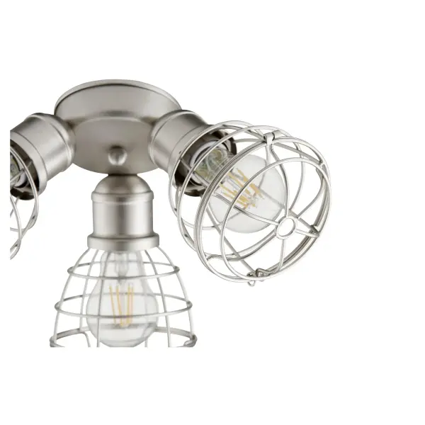 This versatile 3-light cage kit brings industrial sophistication to any ceiling fan. Damp-rated for covered outdoor spaces, it features an open cage design in Satin Nickel with included dimmable LED bulbs for energy efficiency. - alternate view