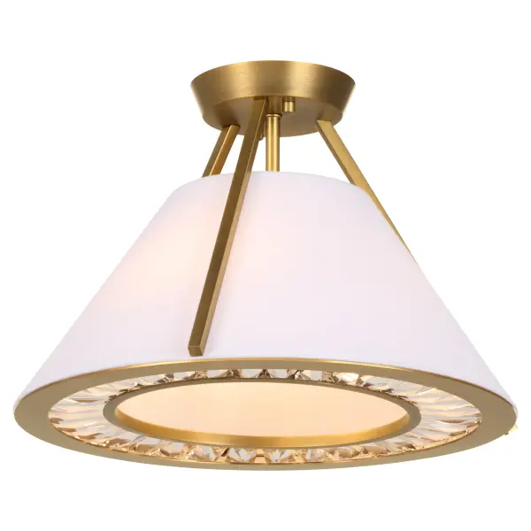 The Gorham semi-flush mount brings sophisticated glamour to compact spaces with its geometric design and signature bejeweled lower ring. The brushed brass finish adds warmth while crisp lines keep it contemporary. - alternate view