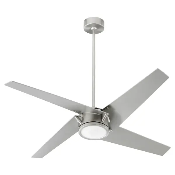 The Axis 54" ceiling fan combines transitional elegance with modern functionality. Its satin nickel finish and wooden blades create a cohesive, sophisticated look while the integrated LED light and wall control offer convenient operation.