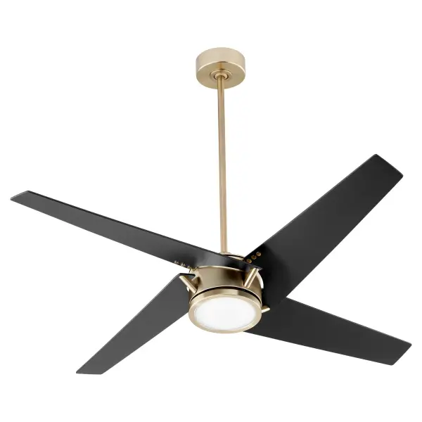 The Axis ceiling fan combines transitional elegance with modern functionality. Its aged brass finish and wooden blades create a warm, cohesive aesthetic while the integrated LED light and wall control offer convenient operation.