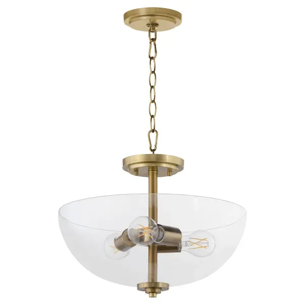 The Adams collection combines timeless dome-shaped glass with warm aged brass finish, offering flexible installation as either a pendant or flush mount. Perfect for traditional and transitional spaces seeking classic charm.