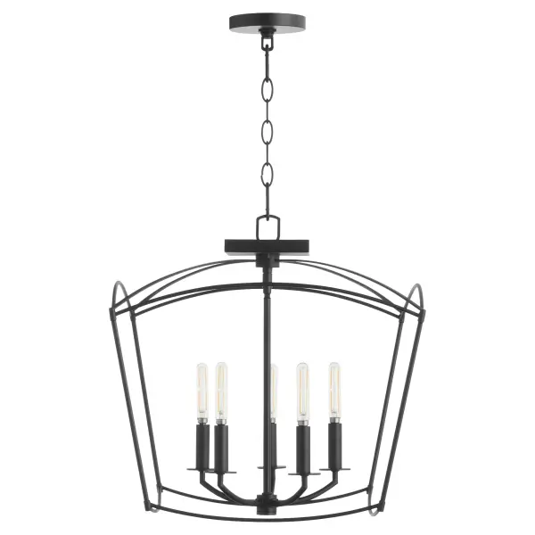 The Mantle 5-Light Dual Mount combines industrial cage styling with transitional elegance. Its distinctive pentagonal prism cage creates a house-like silhouette, while five candelabra lights on curved rods provide soft, inviting illumination.
