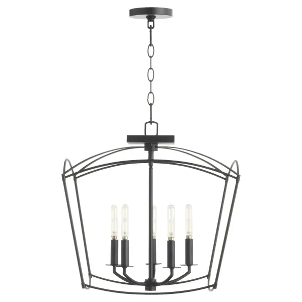 The Mantle 5-Light Dual Mount combines industrial cage styling with transitional elegance. Its distinctive pentagonal prism cage creates a house-like silhouette, while five candelabra lights on curved rods provide soft, inviting illumination. - alternate view
