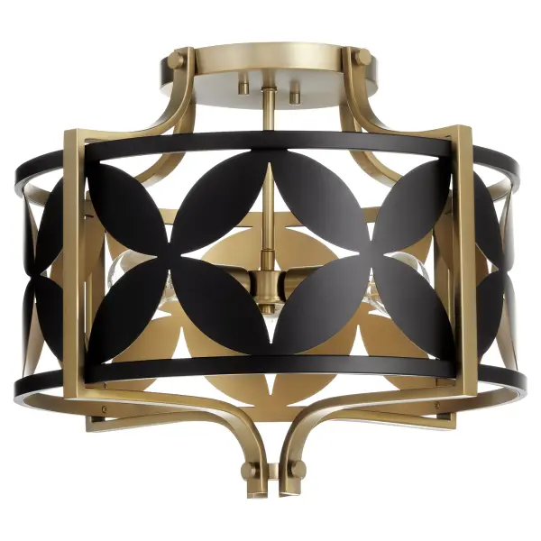 The Mariposa semi-flush mount combines aged brass elegance with matte black geometric floral petals, creating stunning shadow patterns. Its exposed lamp design enhances the decorative metalwork while providing functional illumination.