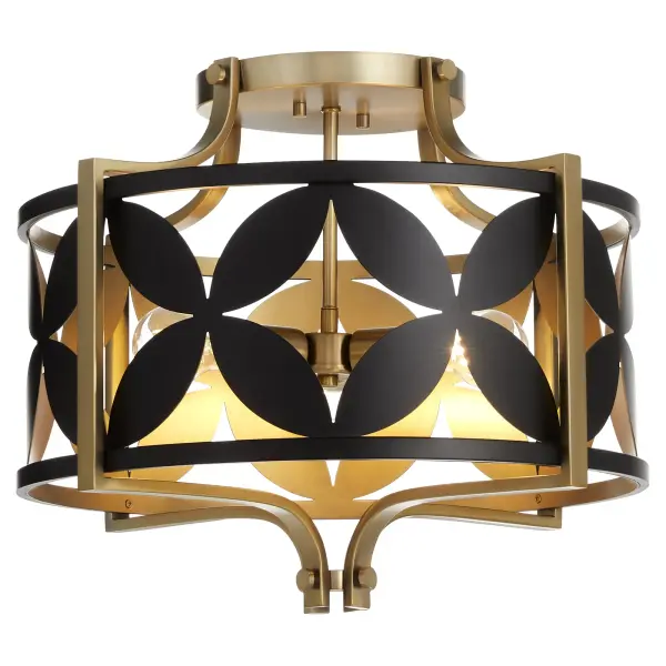 The Mariposa semi-flush mount combines aged brass elegance with matte black geometric floral petals, creating stunning shadow patterns. Its exposed lamp design enhances the decorative metalwork while providing functional illumination. - alternate view