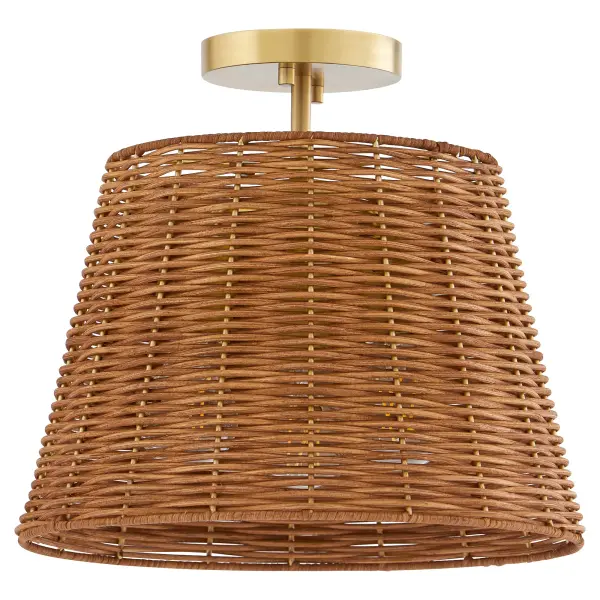 The Robinson Wicker semi-flush combines natural cane weave with aged brass for a sophisticated boho-farmhouse aesthetic. Its 13-inch drum shade provides ample illumination while maintaining a low profile perfect for standard ceiling heights.