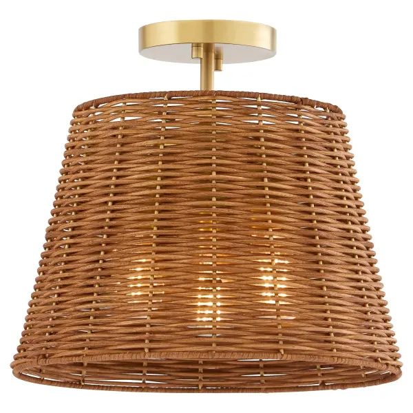 The Robinson Wicker semi-flush combines natural cane weave with aged brass for a sophisticated boho-farmhouse aesthetic. Its 13-inch drum shade provides ample illumination while maintaining a low profile perfect for standard ceiling heights. - alternate view