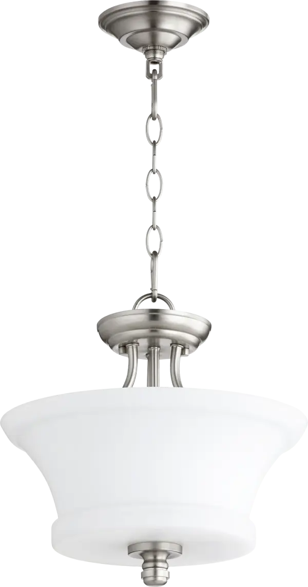 The Rossington semi-flush mount combines contemporary clean lines with soft curves, making it adaptable to both modern lofts and traditional homes. Its 13-inch size and satin nickel finish provide understated elegance.