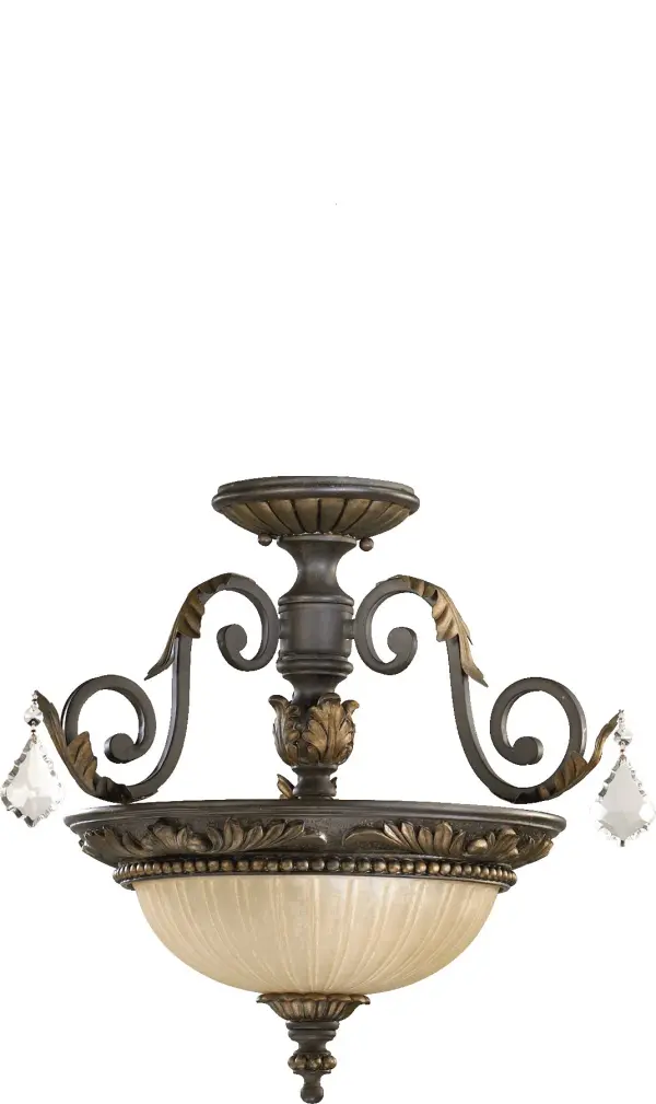 The Rio Salado brings formal elegance with its refined ironwork structure in Toasted Sienna finish accented with Mystic Silver. Perfect for traditional spaces needing sophisticated ceiling lighting without pendant drop.