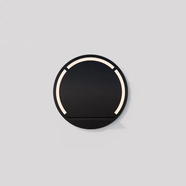 A sophisticated 48-inch round LED mirror featuring Ghost Light technology that vanishes when off, adjustable color temperature (3000K-6000K), integrated wireless phone charging shelf, and built-in defogger for steam-free clarity.