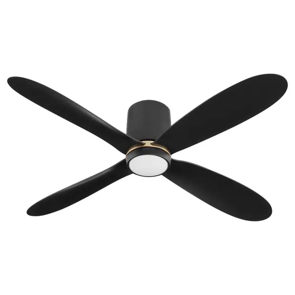 The Myriad 56" Hugger Fan has three finish options - with or without an 18-watt CCT LED light kit (sold separately). Straightforward in design, the Myriad is the perfect choice for any project with low ceilings with its quartet of rounded blades and a smooth cylinder motor. Smart by Bond technology allows you to control the fan's setting from any smart device. Collection: Myriad Finish: Black Height: 9.61" Weight: 17.50 lb Wire: 22" Voltage: 120.00 V RPM: 146 Airflow: 5832 CFM Airflow Efficiency: 174 CFM/W Blade Pitch: 13° Blade Span: 56" Blade Finish: Matte Black/Matte Black Blade Quantity: 4 Country of Origin: China Safety Listing: UL, ETL Safety Rating: Damp Manufacturer Warranty: Limited Lifetime - alternate view