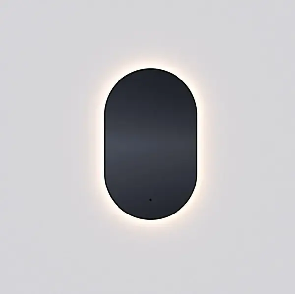 The Argo LED Mirror combines sleek modern design with intelligent features. Its matte black pill-shaped frame houses ambient backlighting controlled by IR sensor, adjustable color temperature (3000K-6000K), and an integrated defogger for fog-free mornings.