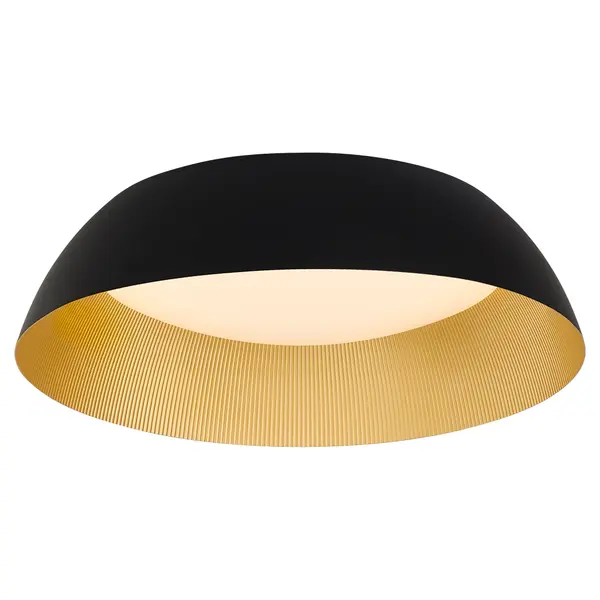 Lucci embodies simplicity with a twist. It features a white diffuser paired with your choice of either a white or black shade and a corrugated industrial brass inner lining for a bold, unexpected contrast. While inspired by mid-century aesthetics, Lucci is tailored to meet contemporary needs, making it a perfect choice for modern and casual spaces. Collection: Lucci Finish: Black|Industrial Brass Glass: White Width: 25.00" Height: 7.00" Length: 6.88" Weight: 13.00 lb Number of Bulbs: 1 Maximum Wattage: 36.00 W Bulb Type: LED Bulb Base: Array Light Source: LED Light Output: 2940.00 lm Color Temperature: 3000 K CRI: 90 Material: Acrylic|Aluminum Country of Origin: China Safety Rating: Damp LED - alternate view