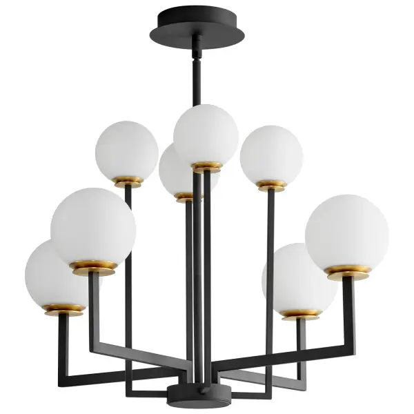 Collection: Bonzo Finish: Black|Aged Brass Glass: Satin Opal Width: 31.50" Height: 21.75" Weight: 18.00 lb Bulbs Included Number of Bulbs: 8 Maximum Wattage: 3.90 W Bulb Type: LED Bulb Base: Array Light Source: LED Light Output: 2520.00 lm Color Temperature: 3000 K CRI: 90 Voltage: 120.00 V Material: Iron, Glass Country of Origin: China Safety Listing: UL, ETL Safety Rating: Damp LED Manufacturer Warranty: 1 purchase , 5 yrs LED eclictrical componets