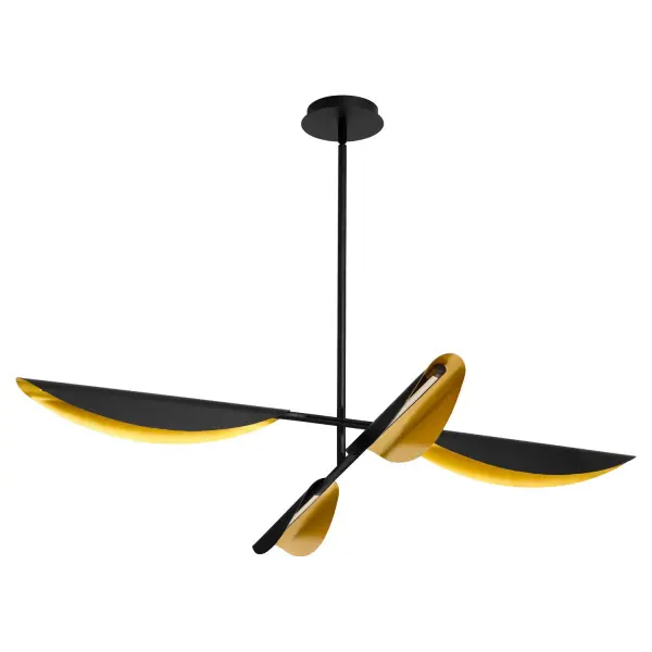 The unique design of the Pivot series catapults these fixtures into a realm of design noteworthy for abstract shapes and clean lines. The U-shaped shades, akin to the shape of a boat, provide the perfect surface for soft reflection of CCT adjustable LED arrays, creating a memorable ambiance. Two-toned finished and elongated edges form gentle waves in silhouettes. Choose from a selection of flush mount, wall mount, or hanging lighting, and add the whimsical Pivot series to your next project. Collection: Pivot Finish: Black|Aged Brass Width: 55.00" Height: 7.00" Weight: 17.00 lb Bulbs Included Number of Bulbs: 4 Maximum Wattage: 7.00 W Bulb Type: LED Bulb Base: Array Light Source: LED CRI: 90 Voltage: 120.00 V Country of Origin: China Safety Listing: UL, ETL Safety Rating: Damp LED