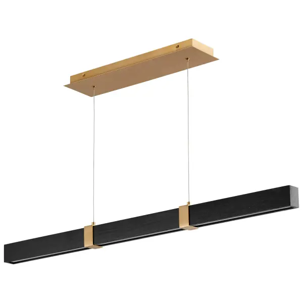 The Decca LED pendant combines aged brass metalwork with black oak wood details for a sophisticated modern look. Its 47.5-inch linear profile makes it perfect for kitchen islands and dining tables, while integrated LED technology provides energy-efficient illumination.