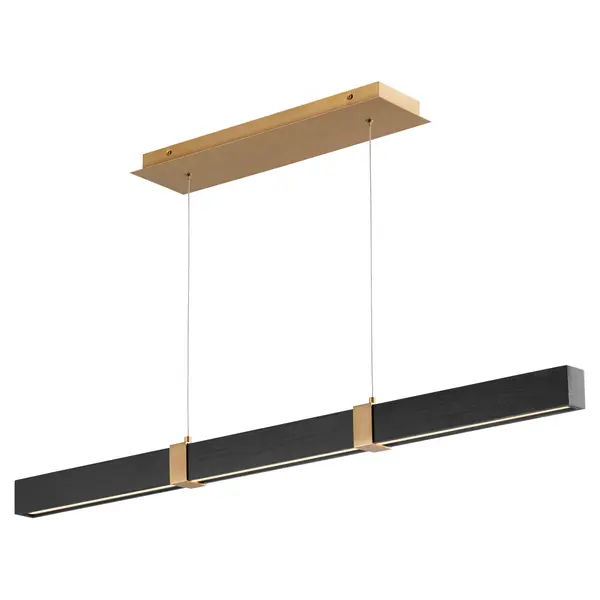 The Decca LED pendant combines aged brass metalwork with black oak wood details for a sophisticated modern look. Its 47.5-inch linear profile makes it perfect for kitchen islands and dining tables, while integrated LED technology provides energy-efficient illumination. - alternate view
