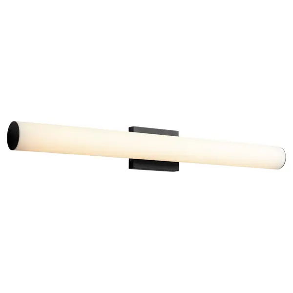 The Fugit LED vanity light delivers professional-grade task lighting with 3440 lumens of warm white light. Its sleek black finish and matte white diffuser create a contemporary aesthetic while providing excellent color rendering for grooming tasks. - alternate view