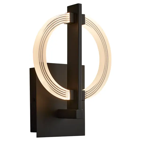 The Arena LED Wall Sconce delivers contemporary style with integrated LED technology. Its compact 8-inch width and black finish make it ideal for modern spaces requiring efficient, damp-rated lighting. - alternate view