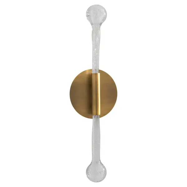 Collection: Manhattan Finish: Brushed Brass Width: 5.75" Height: 19.75" Weight: 3.00 lb Extension from Wall: 2.50" Number of Bulbs: 2 Maximum Wattage: 7.50 W Bulb Type: Array Bulb Base: Array Light Source: LED Color Temperature: 2700 K CRI: 90 Material: Iron|Glass Country of Origin: China Safety Rating: Damp LED