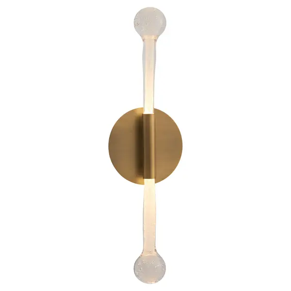 Collection: Manhattan Finish: Brushed Brass Width: 5.75" Height: 19.75" Weight: 3.00 lb Extension from Wall: 2.50" Number of Bulbs: 2 Maximum Wattage: 7.50 W Bulb Type: Array Bulb Base: Array Light Source: LED Color Temperature: 2700 K CRI: 90 Material: Iron|Glass Country of Origin: China Safety Rating: Damp LED - alternate view