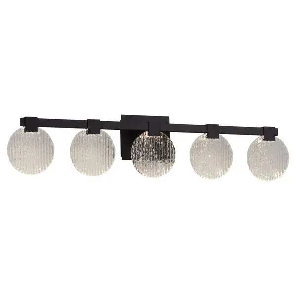 The Axiom LED Vanity combines modern geometric design with energy-efficient LED technology. Its textured ice acrylic diffusers and sleek black finish create a sophisticated look perfect for contemporary bathrooms. - alternate view