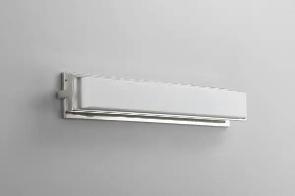 Collection: Plato Finish: Polished Nickel Glass: Matte White Width: 26.50" Height: 4.75" Weight: 9.48 lb Extension from Wall: 3.38" Bulbs Included Number of Bulbs: 1 Maximum Wattage: 11.60 W Bulb Type: LED Bulb Base: Array Light Source: LED Light Output: 1521.00 lm Color Temperature: 3000 K CRI: 90 Voltage: 120.00 V Material: Steel and Acrylic Country of Origin: China Safety Listing: UL, ETL Safety Rating: Damp LED Manufacturer Warranty: 1 year from date of purchase , 5 years LED