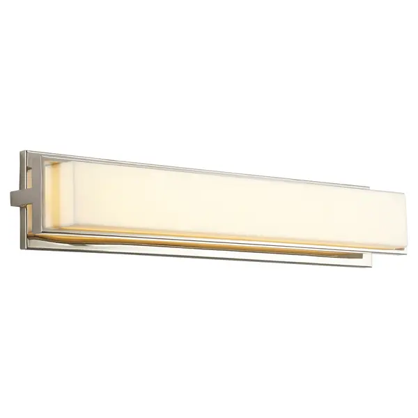 Collection: Plato Finish: Polished Nickel Glass: Matte White Width: 26.50" Height: 4.75" Weight: 9.48 lb Extension from Wall: 3.38" Bulbs Included Number of Bulbs: 1 Maximum Wattage: 11.60 W Bulb Type: LED Bulb Base: Array Light Source: LED Light Output: 1521.00 lm Color Temperature: 3000 K CRI: 90 Voltage: 120.00 V Material: Steel and Acrylic Country of Origin: China Safety Listing: UL, ETL Safety Rating: Damp LED Manufacturer Warranty: 1 year from date of purchase , 5 years LED - alternate view